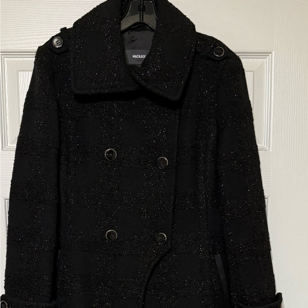 Mackage Elodie Sz M Shimmer Plaid Tweed Double-Breasted Button Front Long Coat